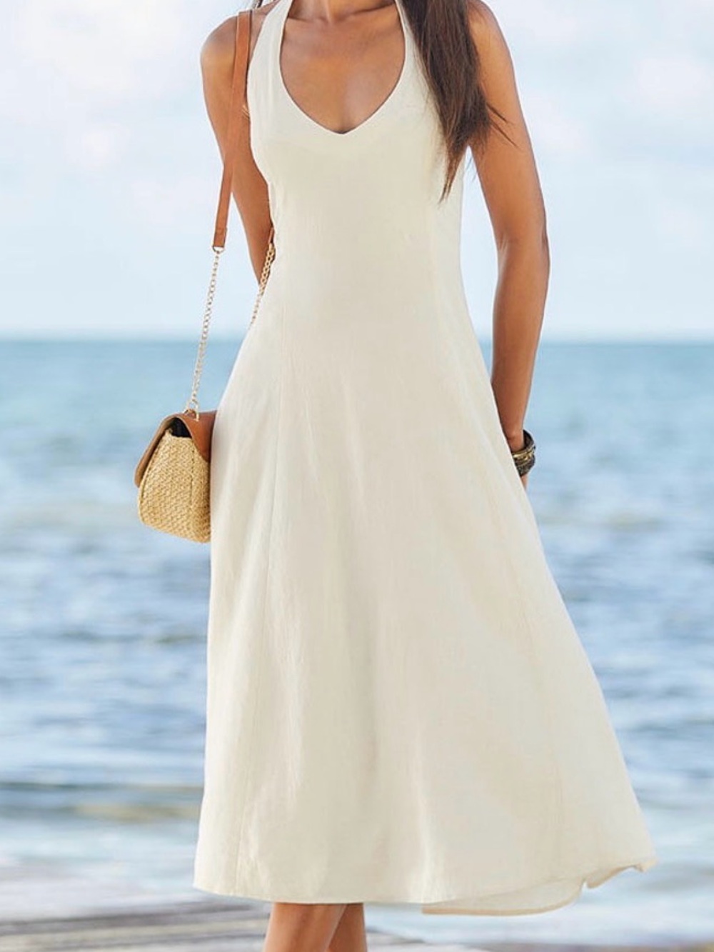 NWT Linen Halter V-Neck Midi Dress in Cream. Size 4